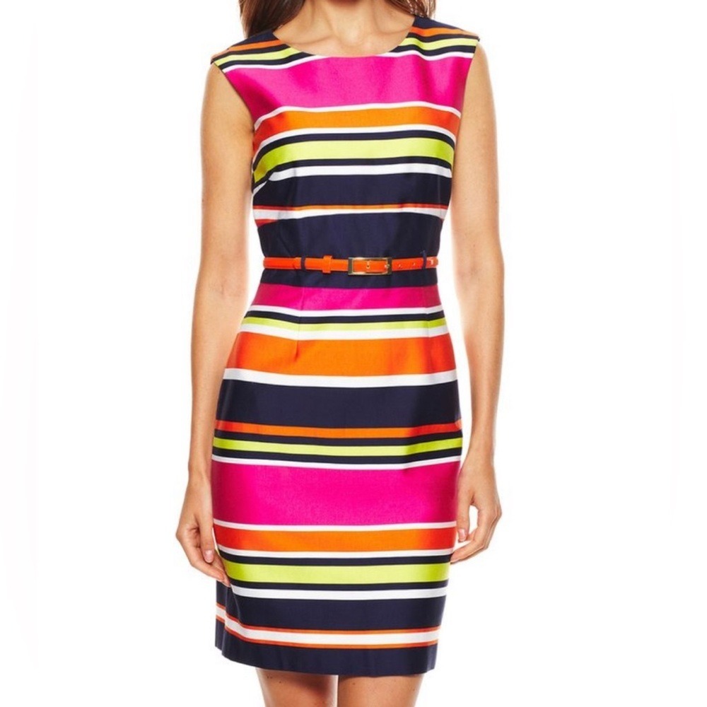 Tahari Multicolor‎ Cotton Striped Sleeveless Belted Sheath Dress Women's 8 EUC